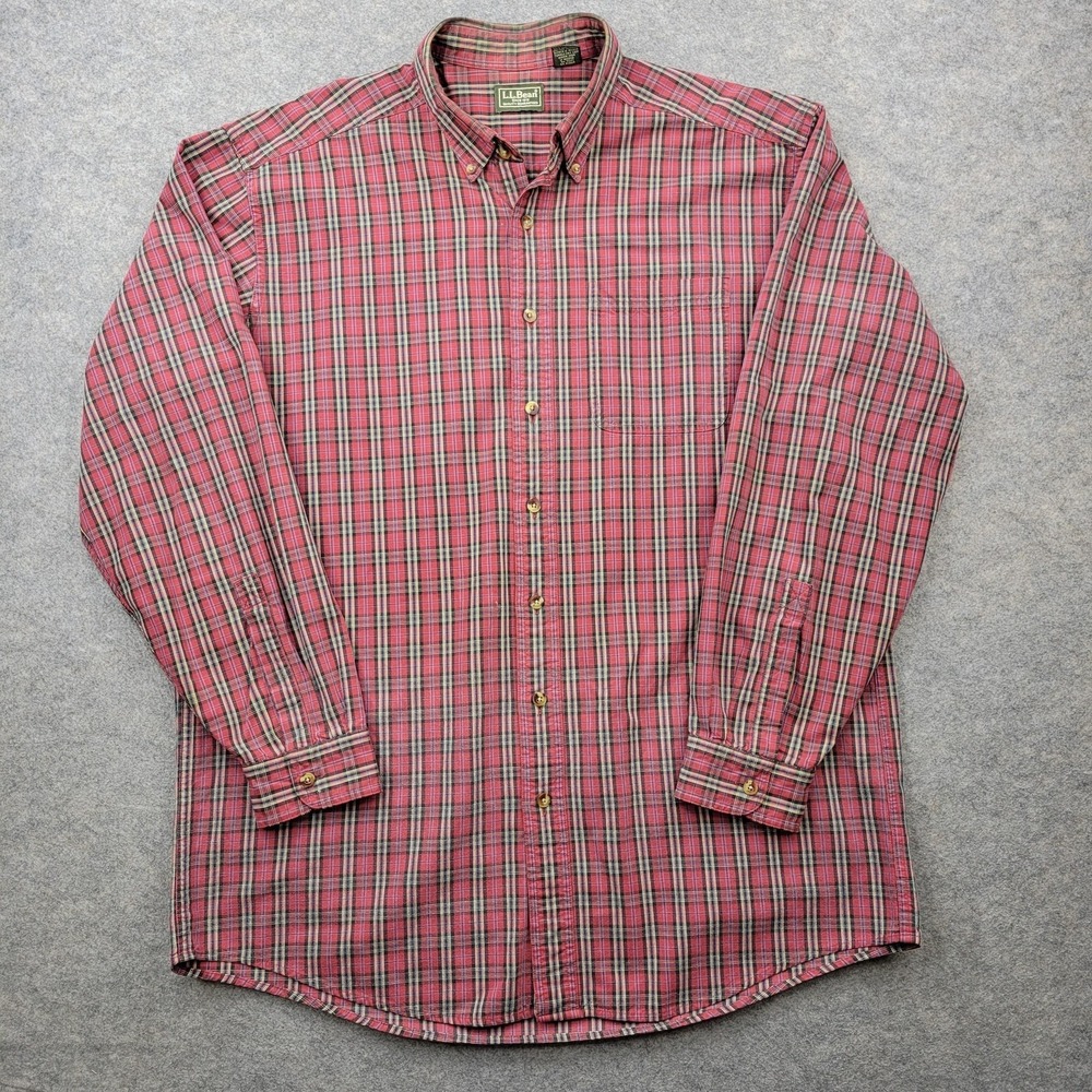 LL Bean Shirt Mens LT Large Red Plaid Cotton Button Front Long Sleeve Casual